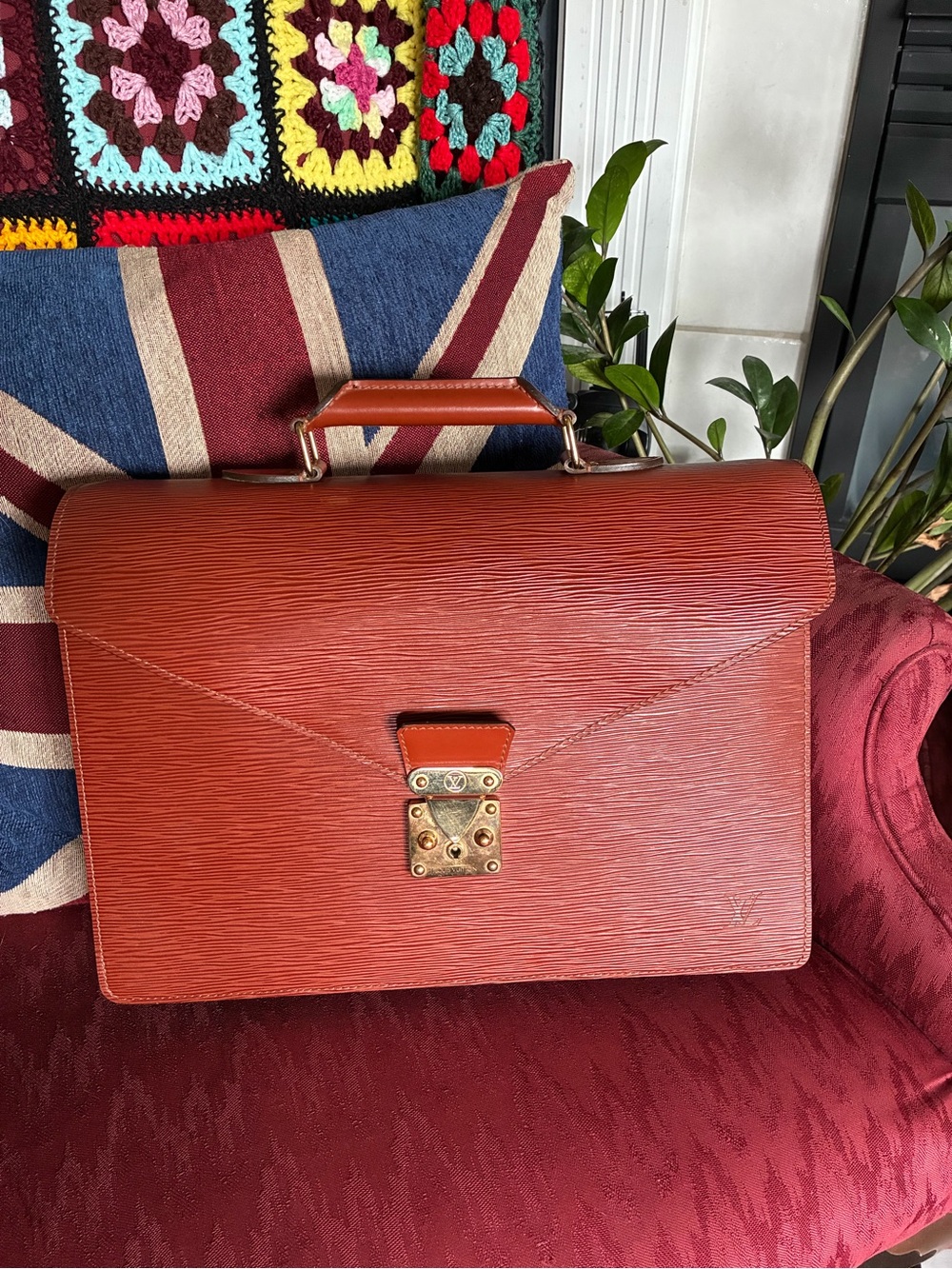 Louis Vuitton Red Brown Epi Leather Briefcase with Gold Hardware and Lock